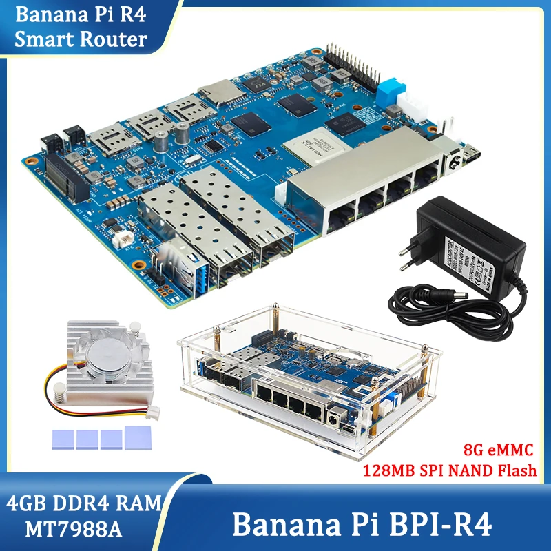 Imagem -01 - Banana Pi-nand Flash Smart Router Board Wi-fi Mt7988a 4gb Ddr4 8g Emmc 128mb Spi 12v Opcional 5a Ventilador de Caixa de Alimentação