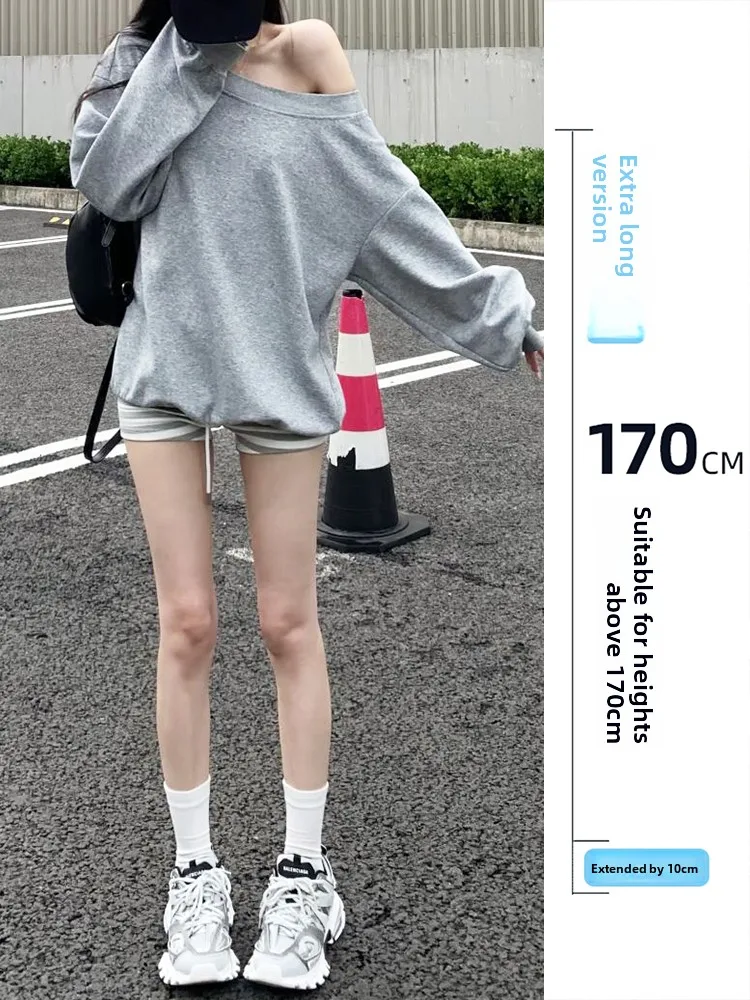 

Женская толстовка с длинными рукавами, свободного кроя, с дизайном, скрывающим плечи, летняя, повседневная, дышащая, удобная, однотонная, в корейском стиле