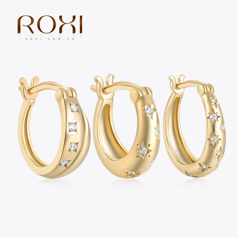 ROXI 925 Sterling Silver Earring White Zircon Star Circle Hoop Earrings For Women Making Jewelry Wedding Engagement Multi Size