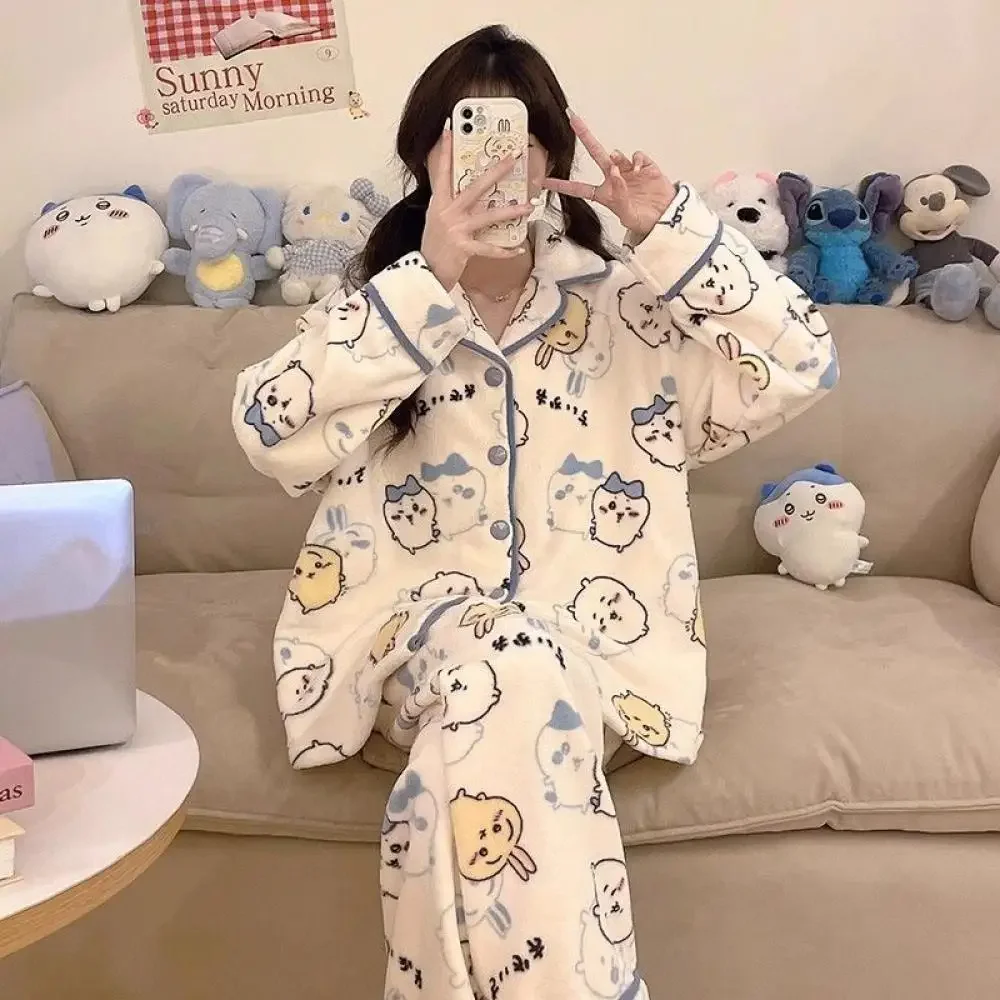 Kawaii Hachiware Chiikawa Female Pajamas Suit Winter Anime Usagi Cartoon Coral Fleece Sleepclothes Flannel Cute Thicken Homewear