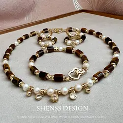 Collar de perlas de piedra de ojo de gato personalizado, pendientes, pulsera chapada en cobre, accesorios de oro de 14 quilates