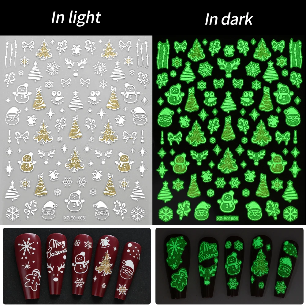 12Pcs/Set 3D Luminous Christmas Snowflakes Nail Stickers Snowman Elk Xmas Tree Bow Bell Nail Decals Winter Nail Art Decorations