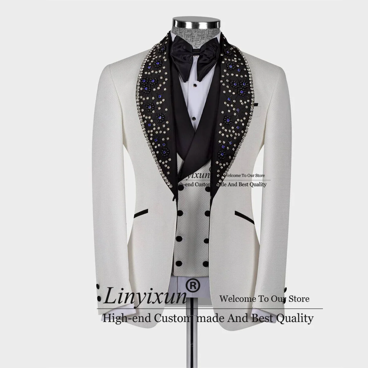 Luxury Bead Crystals Mens Suits Groom Wedding Tuxedos 3 Pieces Sets Bridegroom Prom Blazers Customized Terno Masculinos Completo