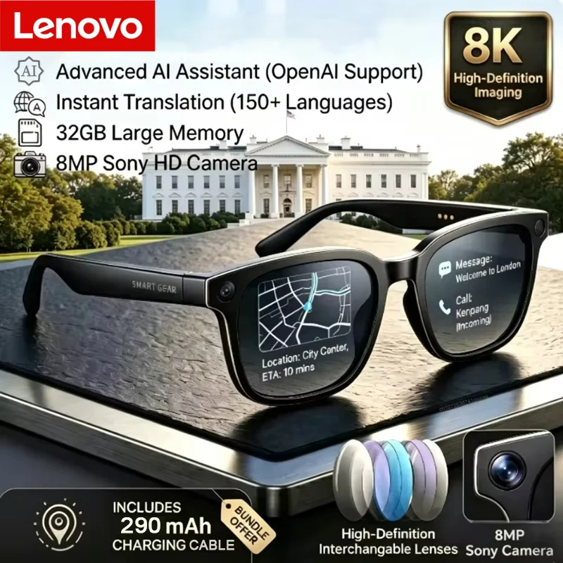 Lenovo 8KHD Smart AI Glasses Music Playback AI Translation Hands-Free Calling AI Chat Logging Smart Sunglasses For Gift 2027 New