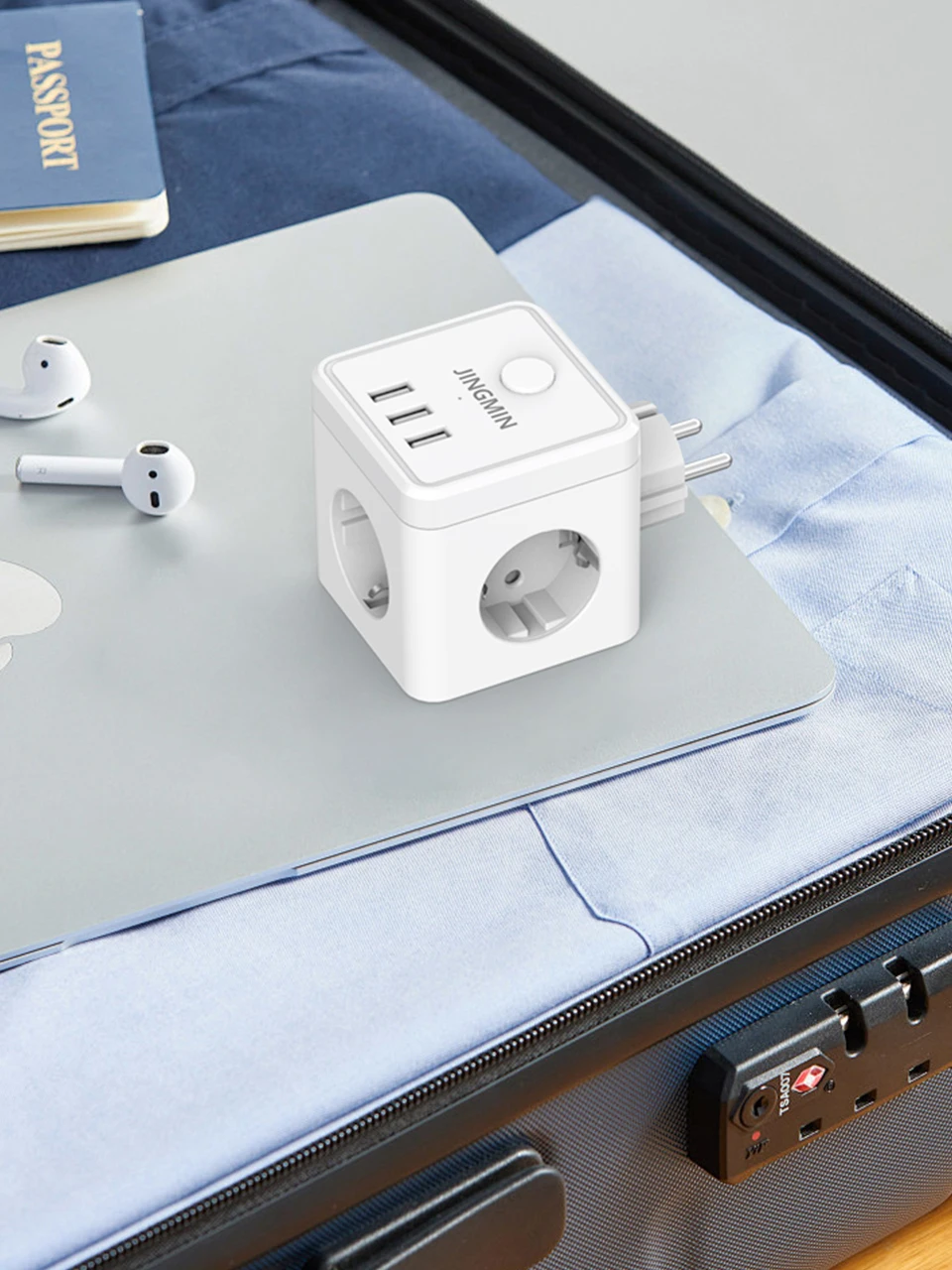 ANRMESUN EU Przedłużacz zasilający w kształcie kostki z 3 gniazdami AC + 2 USB QC3.0 + 2 USB-C PD20W z szybkim ładowaniem, gniazdo ścienne z włącznikiem/wyłącznikiem — zdjęcie produktu 7