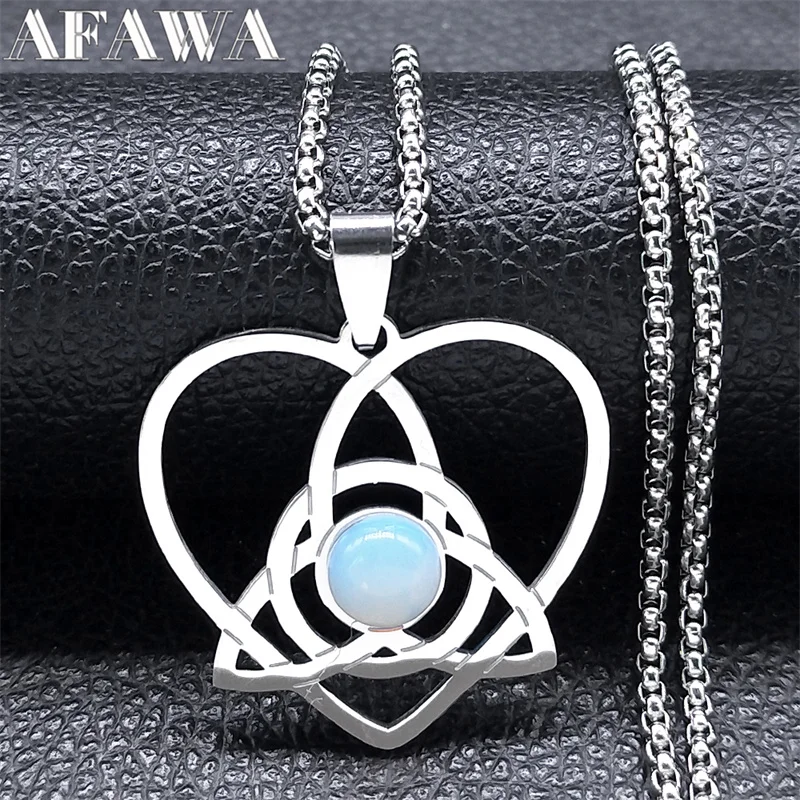 Witch Trinity Knot Heart Pendant Necklace for Women Men Silver Color Stainless Steel Celtic Triqueta Chain Irish Jewelry N8058S