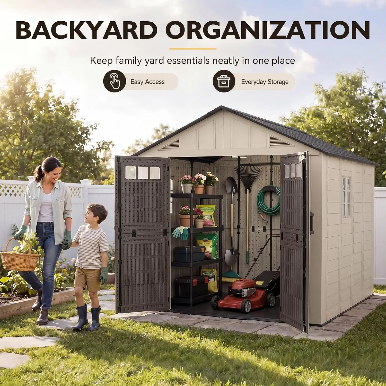 Outdoor Storage Shed with Floor, Lockable Resin Garden Shed with Windows for Tools & Bikes, Customized