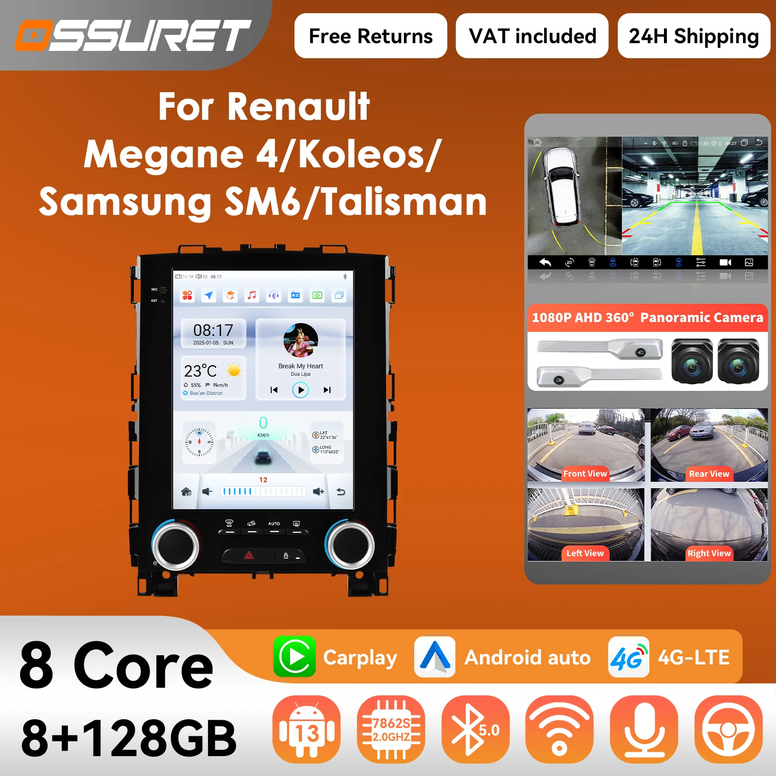 Autoradio Android Carplay da 9,7 "per Renault Koleos Megane 4 Samsung SM6 Talisman 2017 2018 2019 Lettore multimediale 2DIN 360 Fotocamera