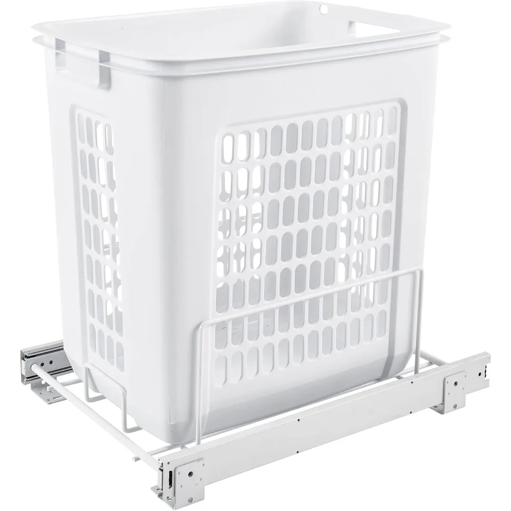 

rev-a-shelf pullout 20" deep cabinet floor steel mounted polymer plastic clothes laundry hamper with full extension slides, whit