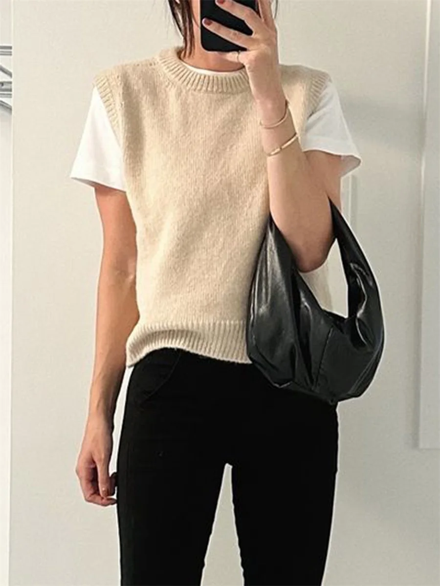 Women Cute Sweater Vest Solid Color Warm Knit Tank Tops Sleeveless Pullover Knitwear for Streetwear