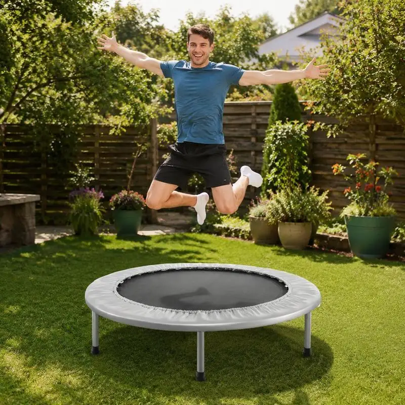 Trampoline de fitness pliable de 38 pouces, robuste et durable avec un assemblage facile, design portable peu encombrant pour appartement, salon, chambre à coucher, équipement d'exercice cardiovasculaire moderne et minimaliste gris pour adultes