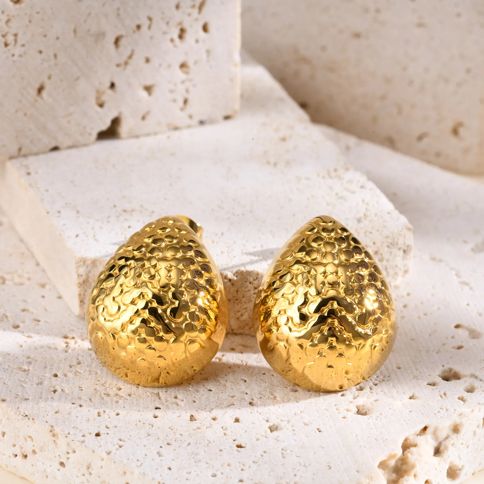 Trendy Stainless Steel Earrings for Women Irregular Hammered Texture Aesthetic Water Drop Earring Jewelry 18K Gold Plated