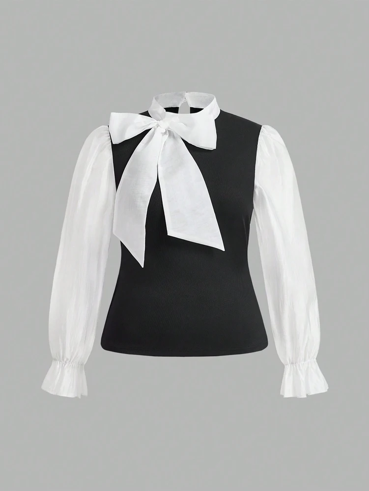 Plus Size Women\'s Elegant Contrast Bow Tie Long Sleeve A-Line Office Work Shirt Business Pink Black Brown Best for Spring