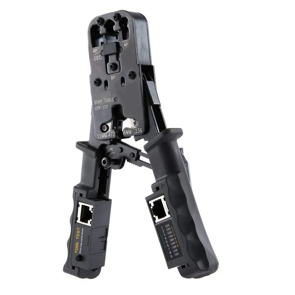 

2 in 1 Network LAN Cable Crimper Pliers Wire Cutter with Tester and Power Saving Feature for UTP and STP Cables 4P6P8P