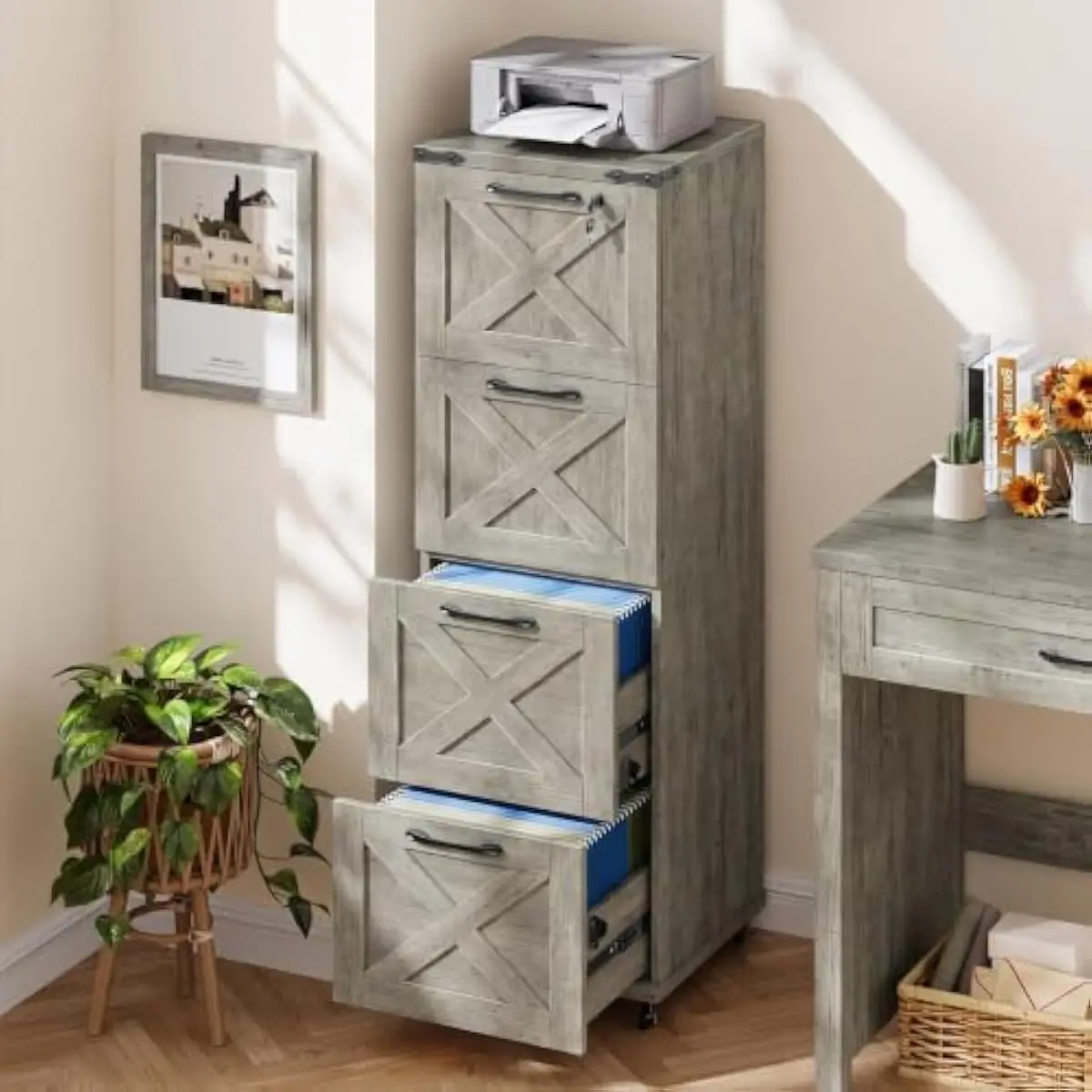 Vertical 4-Drawer File Cabinet in Grey Finish Featuring X-Design Fronts Metal Accents Smooth Silent Slides Adjustable Hanging Ro
