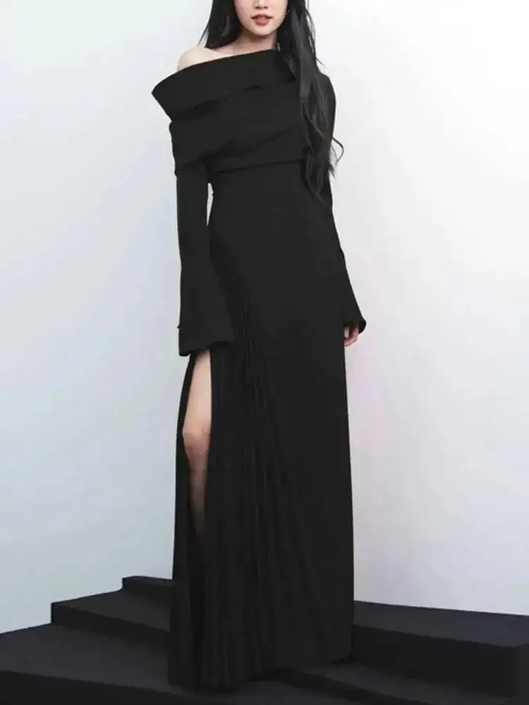 

Fashion Women's Elegant Dress Folds Diagonal Collar Slim High Waist Side Slit Pleated Ankle-length Dresses Autumn 2025 New E52R