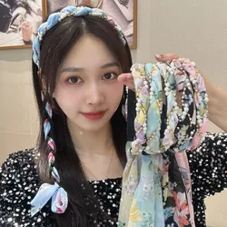 Fabric Floral Headband Pearl Chiffon Hair Band Fairy Streamer Headband Hairpin Women's Braided Hair Ribbon Tie Hair Headband