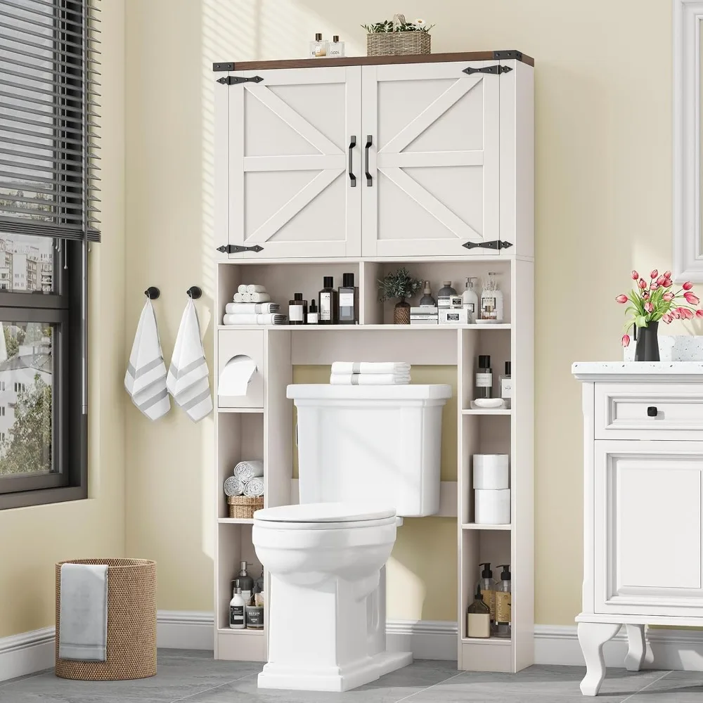 

Over The Toilet Storage Cabinet, Farmhouse Storage Cabinet Over Toilet with 2 Barn Doors, Toilet Paper Holder Stand