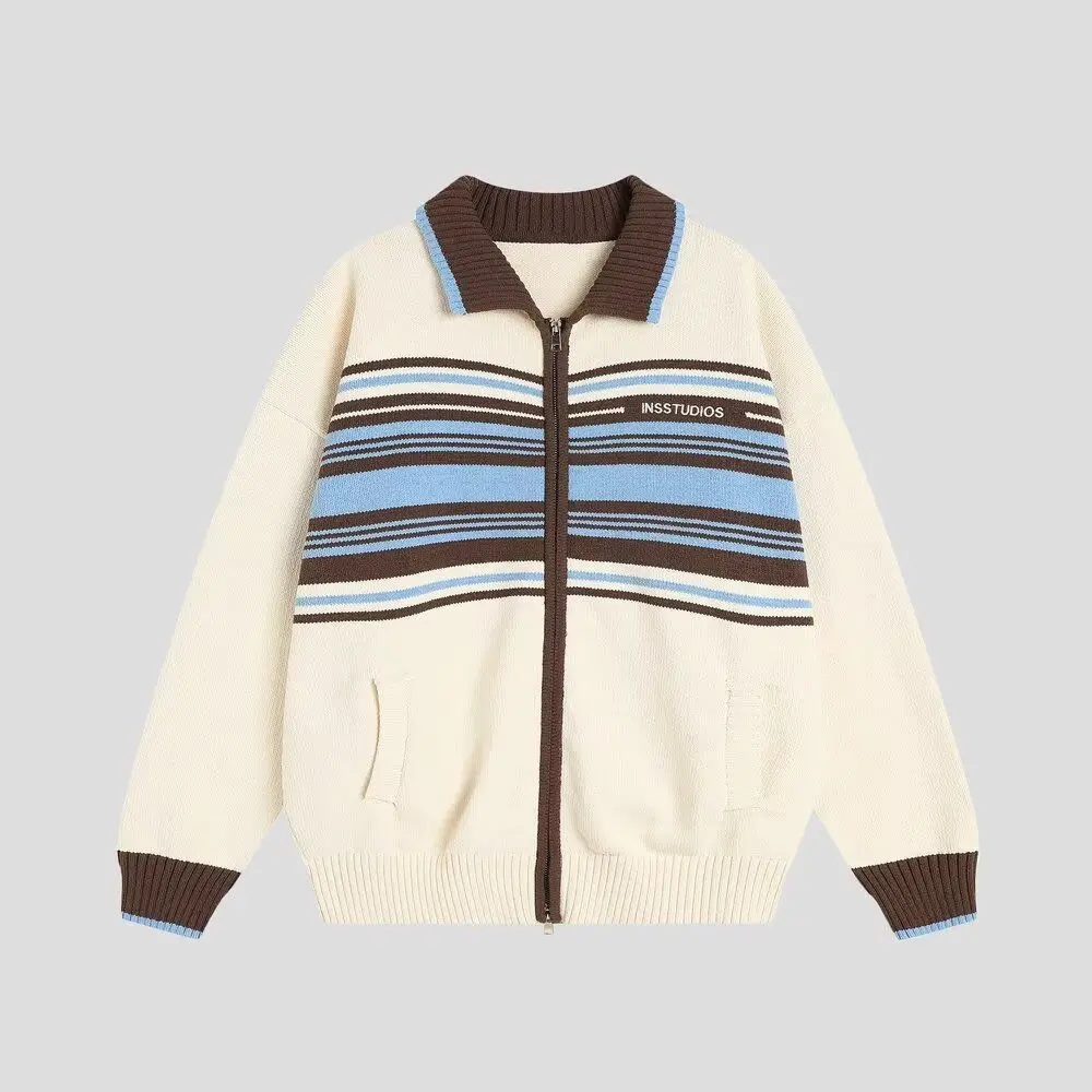 

American Sle Casual Zipper Design Striped Open Cardigan Sweater Men's Loose Autumn Winter Knitted irt for Students