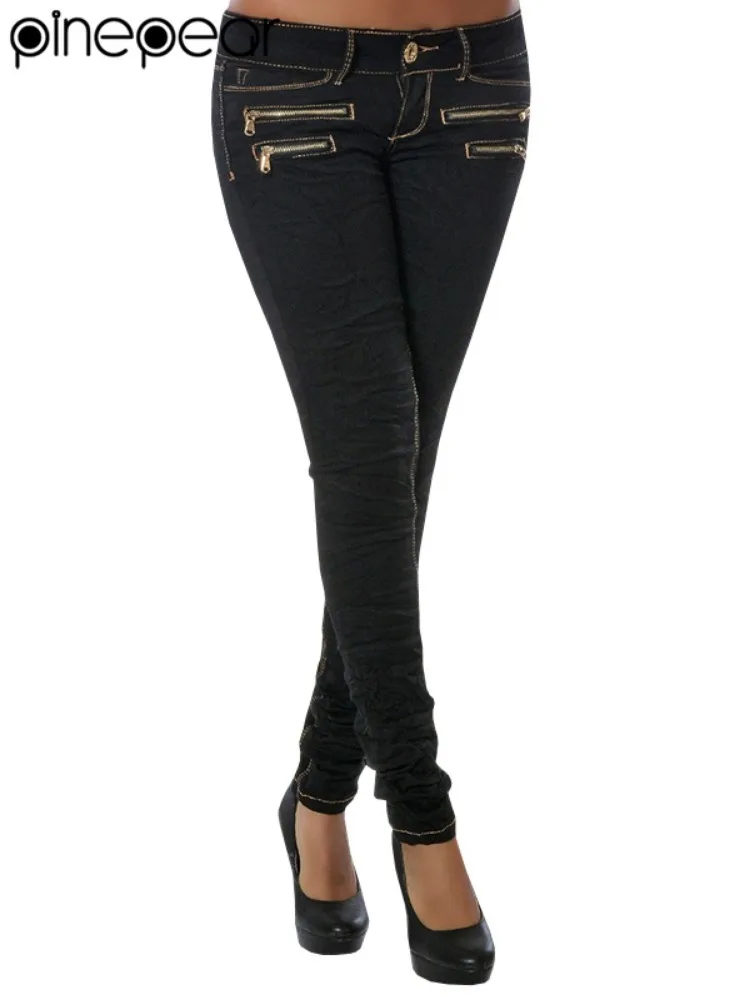 PinePear 2025 Jeans plissados de cintura baixa para mulheres skinny azul/preto bolsos jeans mulher elástica slim jean feminino femme calças