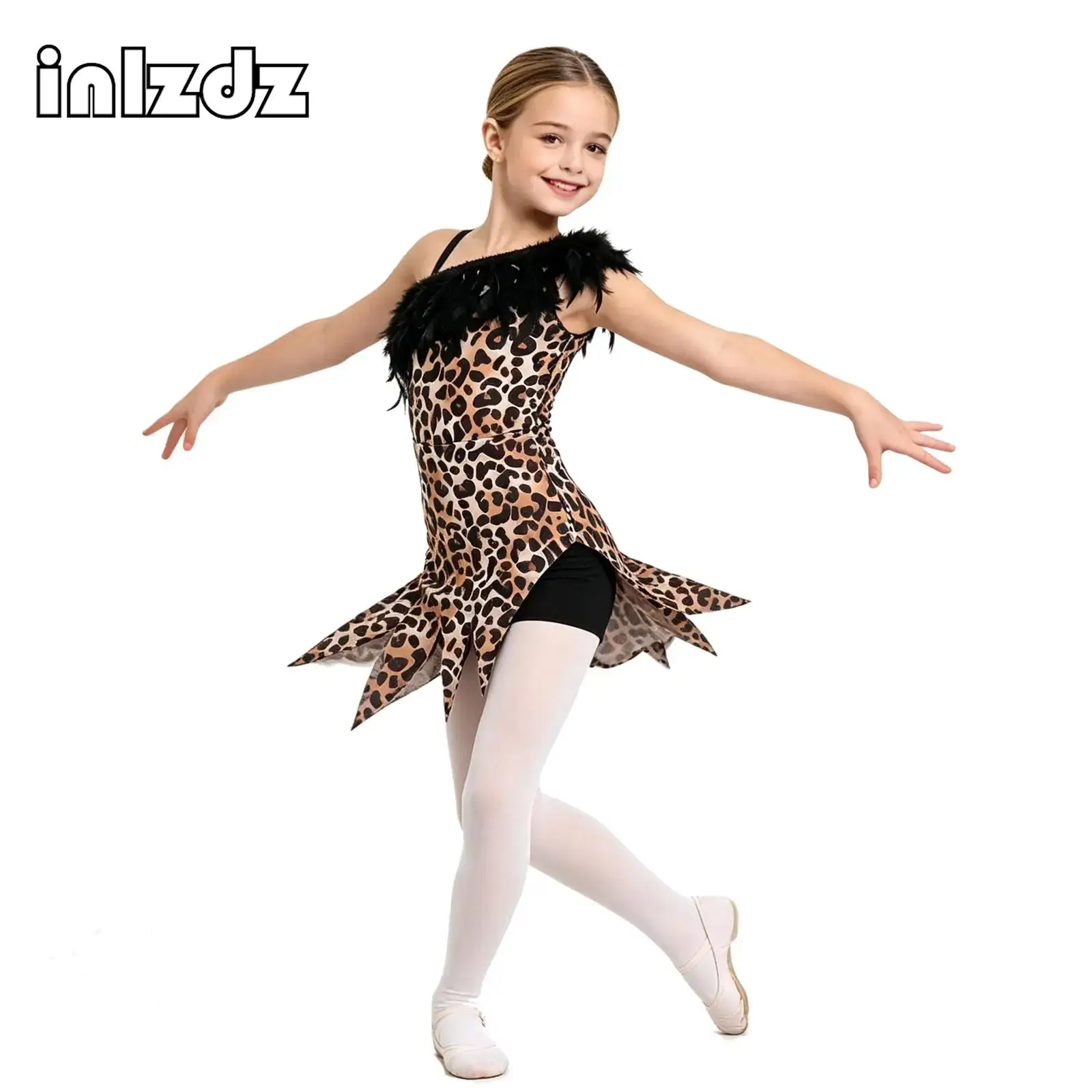 fantasia-infantil-feminina-de-caverna-pre-historica-com-um-ombro-plumas-sinteticas-e-shorts-embutido-vestido-para-ballet-ginastica-e-apresentacoes-de-danca