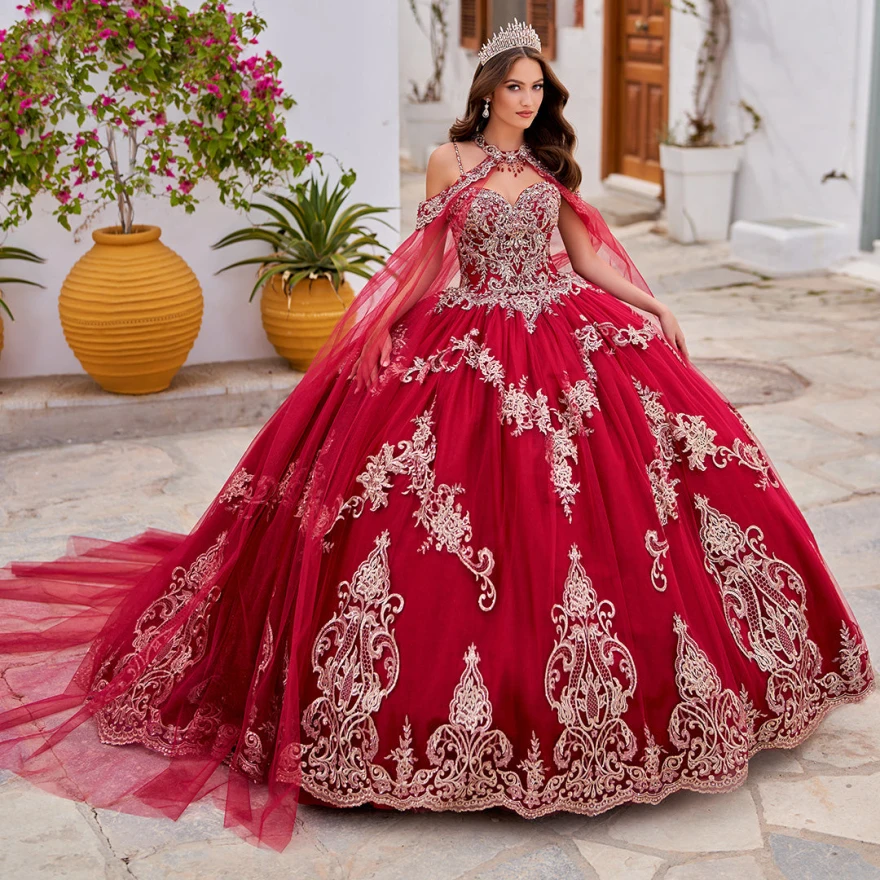 Maßgeschneiderte luxuriöse rote Quinceanera-Kleider, Ballkleid, geschwollener Tüll, Spitze, Perlen, Kristall, süße 16-Kleider, Prinzessinnen-Partykleider YQD32