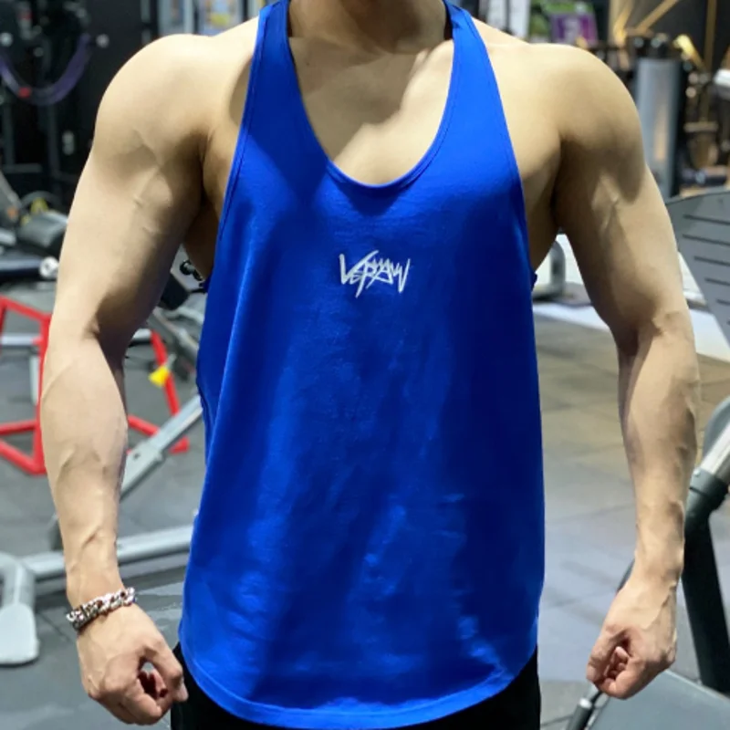 New Sports Tank Top Men\'s Muscle Shaped Men\'s Racerback Training Sleeveless T-shirt Trendy Men\'s Loose Cotton Fitness Sweat