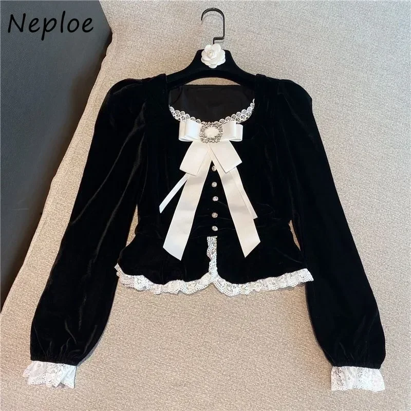 Neploe Elegant Fashion V-neck Bow Shirts Women Autumn New Slim Fit Black Gold Velvet Blouses Long Sleeve Lace Blusas Mujer