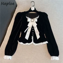 Neploe Elegancka moda V-neck Bow Shirts Women Autumn New Slim Fit Black Gold Velvet Blouses Long Sleeve Lace Blusas Mujer