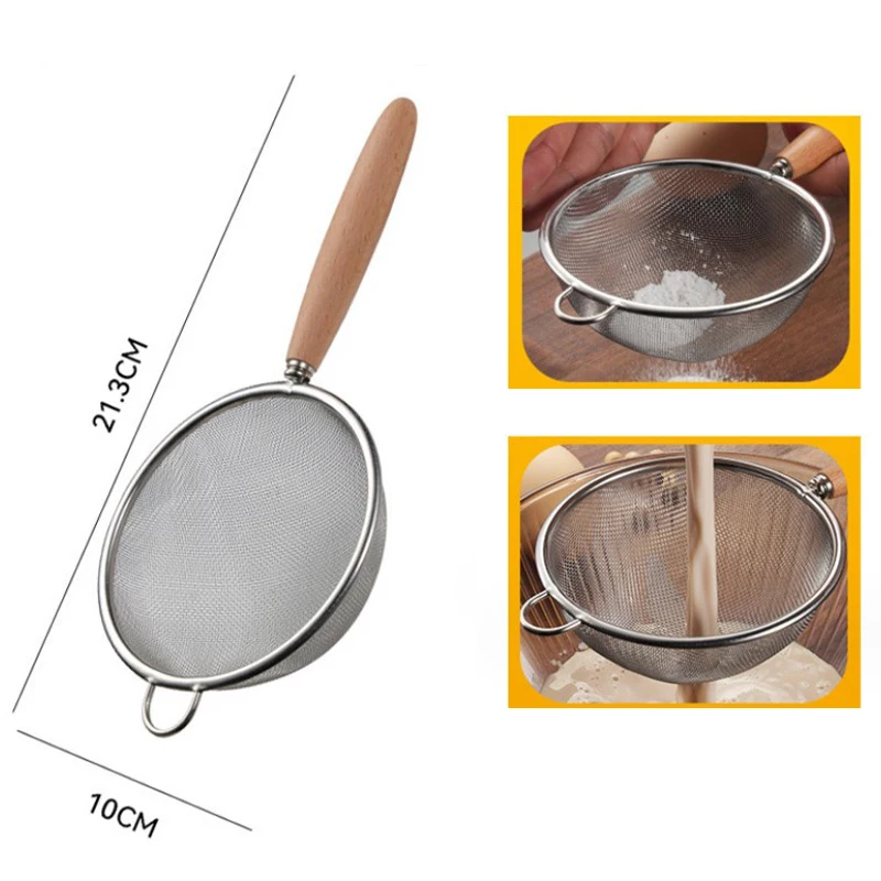 

Wooden Handle Stainless Steel Small Colander Fine Mesh Oil Strainer Multi-function Filter Mesh Flour Sifter Kitchen Baking Tools
