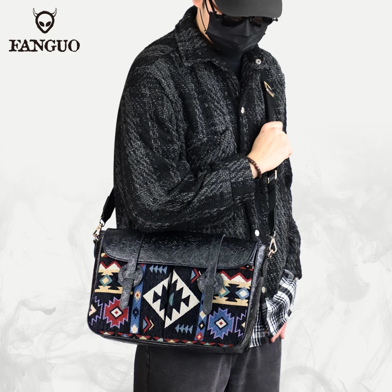 

Men's Cowhide Messenger Bag Retro Genuine Leather Splicing Blanket Shoulder Bag For Male Casual Crossbody Sling Bags