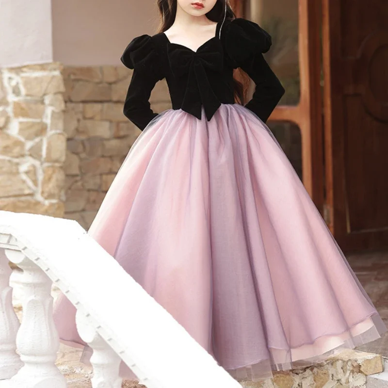 Customized Fashion Sweet Temperament V Neck Puff Sleeve Design Flower Girl Dress Contrast Mesh Cascading Ball Gown Front Solid B