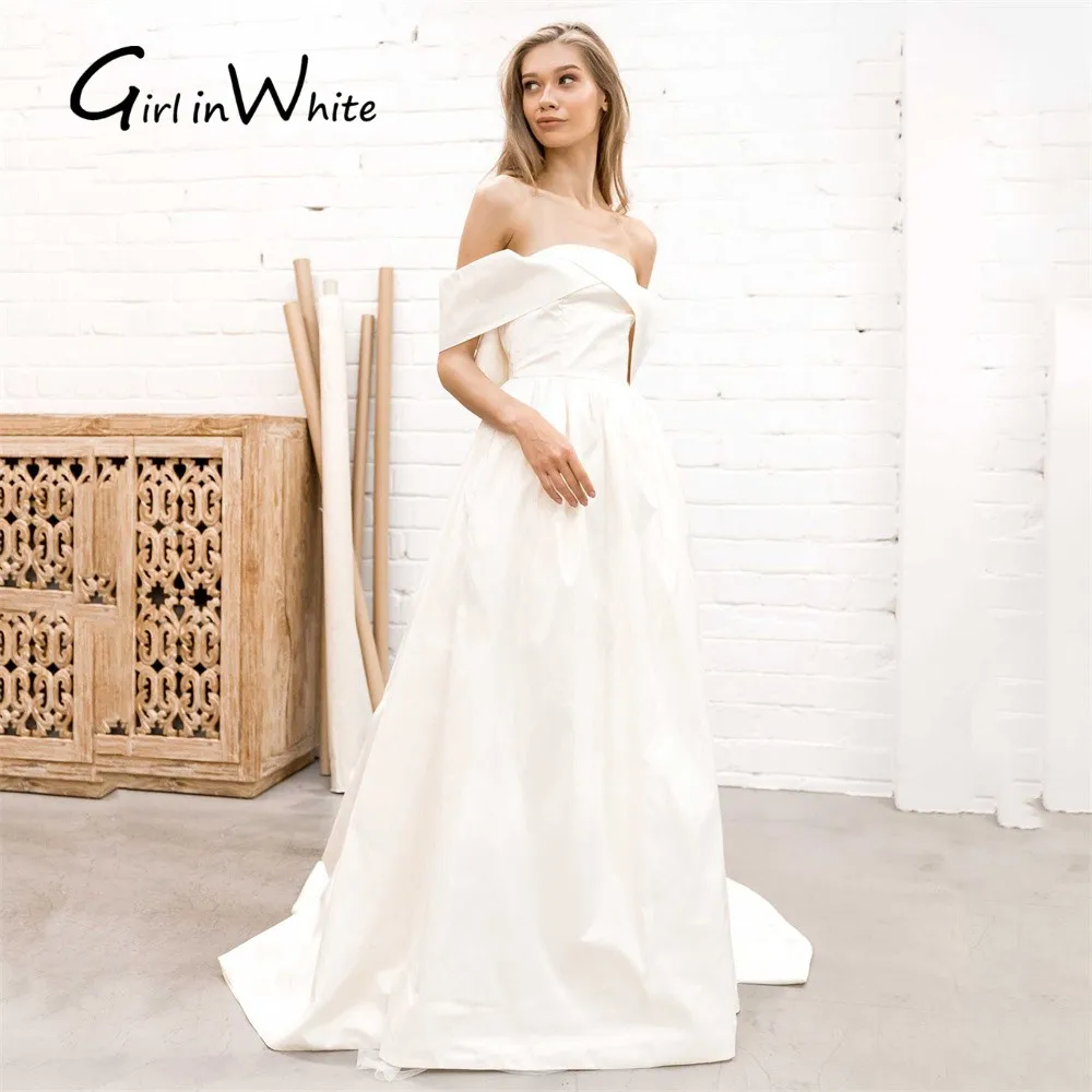 

Simple A-Line Wedding Dresses Off Shoulder Bride Gown Sleeveless Strapless Backless Pocket To Be свадебное платье Robe De Mariée