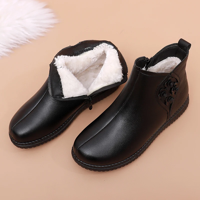 Winter Waterproof Genuine Leather Flat Ankle Boots For Women Plush Warm Soft Comfortable Boots Ladies Cotton Shoes