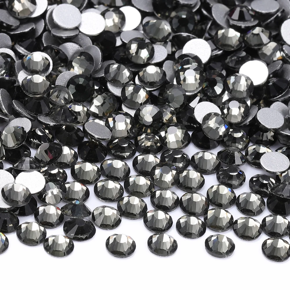 All Size SS3-SS60 Black Diamond Glass Flatback Rhinestone High Quality Round Silver Base Gray Glue On Stones for DIY Nails Art