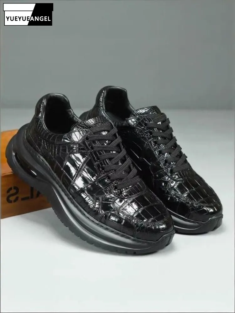Fashion Black Cowskin Genuine Leahter Sneakers Male Lace Up Round Toe Cushioning Platform Casual Shoes Comfortable Active Shoes