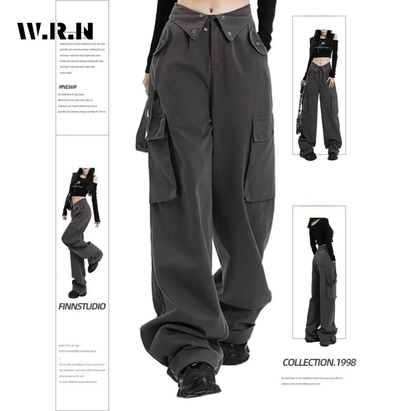 

American Retro High Waist Oversized Jeans For Women Casual Baggy Pocket Y2K Pants Wide Leg Grunge Streetwear Solid Denim Trouser