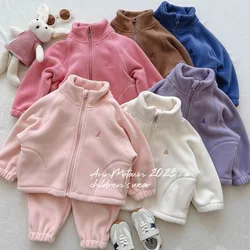 Autumn Winter Children Girls 2PCS Clothes Set Polar Fleece Zipper High Neck Jacket Solid Casual Pants Suit Toddler Girls Outfit