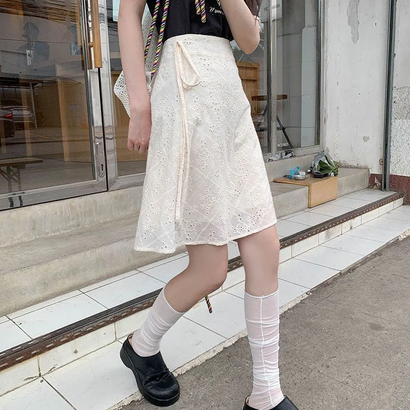 Women's Skirts French Style Embroidery A Line Midi Skirts High Waist Side Tie Wrap White Hollow Out Summer Casual Mini Skirt New