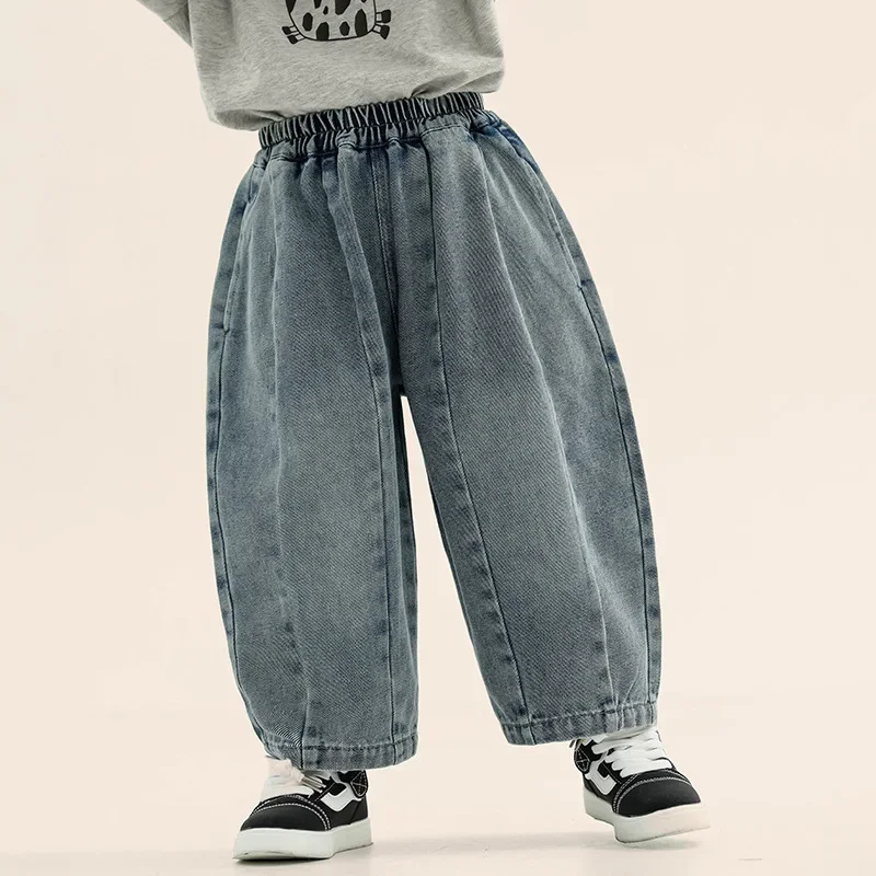 

2025 New Spring/Autumn Boys Jeans Solid Color Splicing Children's Trousers Casual Style Kids Elastic Waist Loose Denim Pants