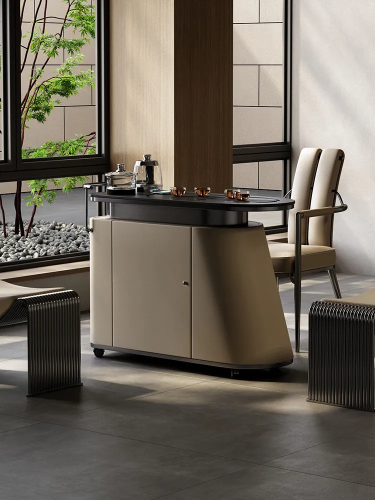 Movable Balcony Kung Fu Tea Table, Premium Wugang Stone Tea Table with Integrated Teapot Cabinet