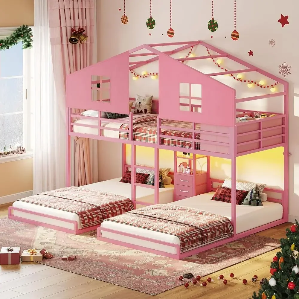 Triple Bunk Bed Twin Size with Playhouse, 4 Drawers, Charging Station, LED Lights, Safety Guardrail, and Play Curtain, Pink Meta