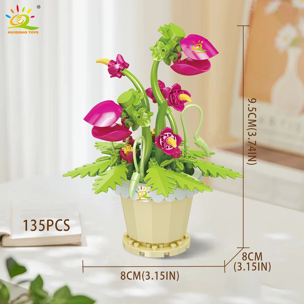 HUIQIBAO MOC Eternal Flower with Pot Micro Building Block DIY Sunflower Rose Bouquet Mini Model Brick Toy home Desk Decoration