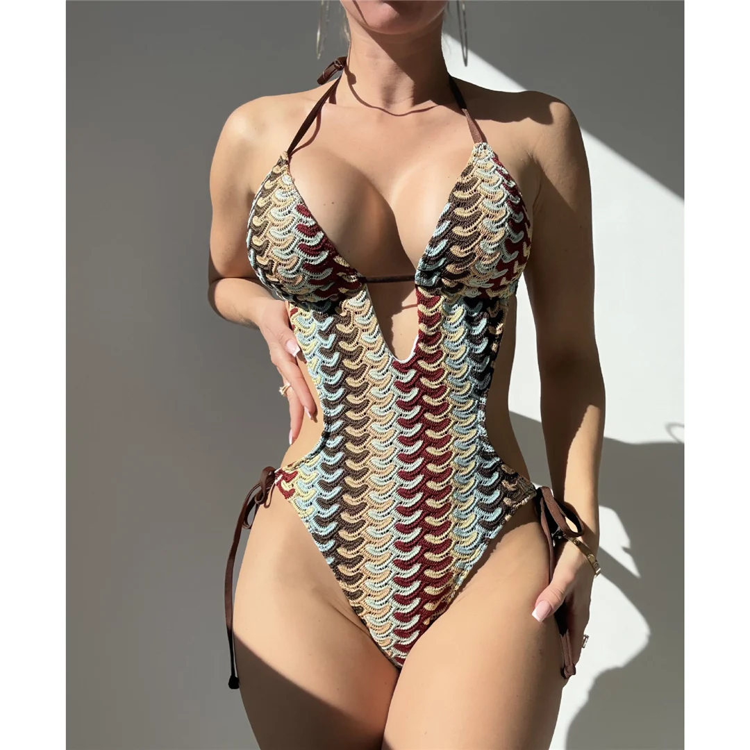 S - XL Sexy bedruckter, tief ausgeschnittener, halterneckiger Einteiler-Badeanzug für Damen, Monokini, rückenfreier Badeanzug, Badebekleidung, Badeanzug V7447 – Detail 4