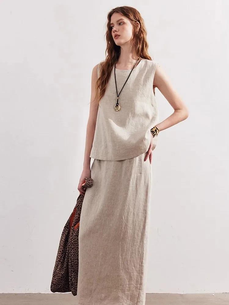 Summer Women Linen Sleeveless Tank Tops Ankle Length Long Skirt Two Piece Set Casual Streetwear Comfortable Holiday Outfits Sets