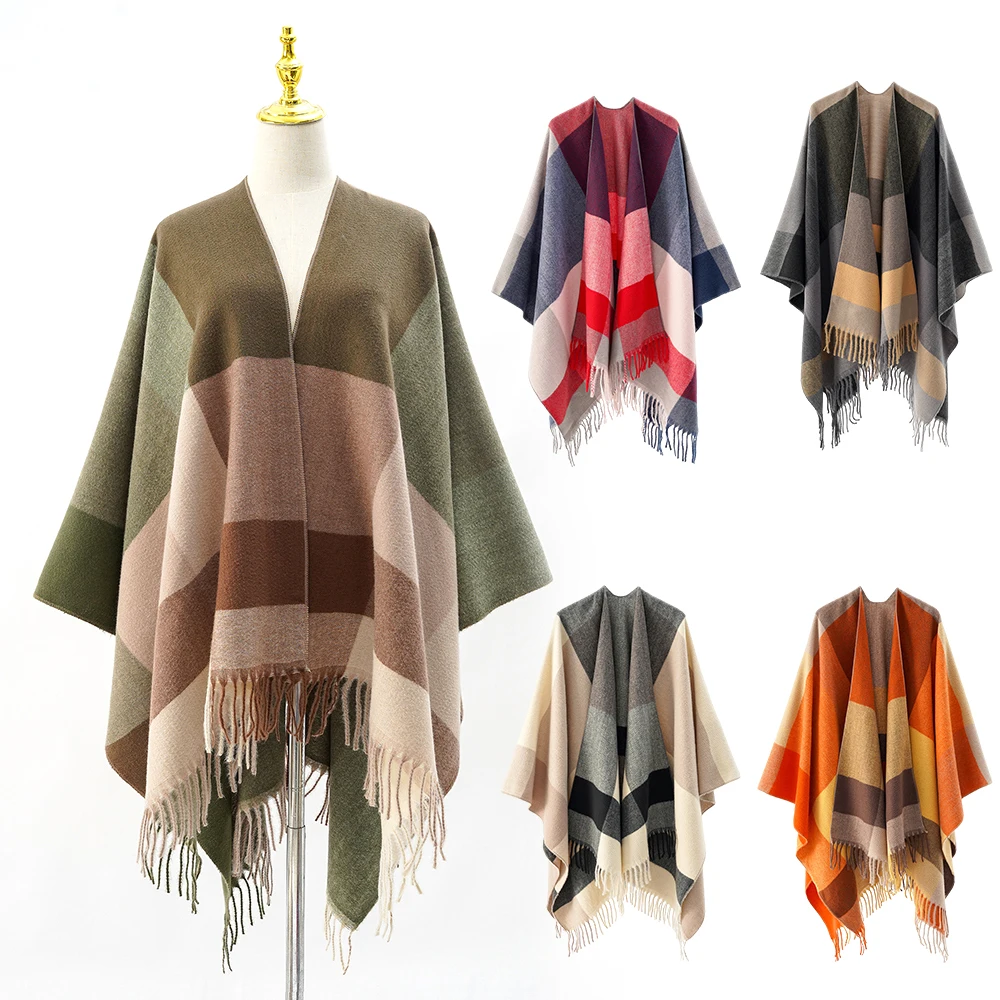 Winter Warm Tassel Shawl Cloak With Plaid Breathable Comfy Warm Cape Coat For Autumn Winter