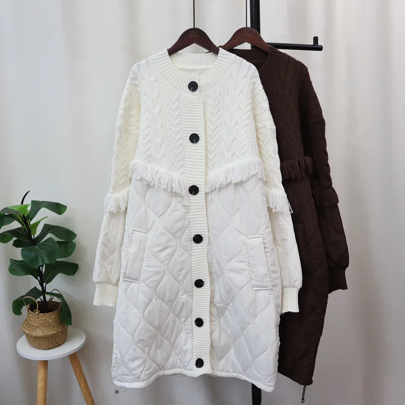 WTHT Fashion Women\'s Spliced Tassel Knit Warm Coat 2024 Winter Trendy O-neck Single Breasted Long Jacket Female 1LS231