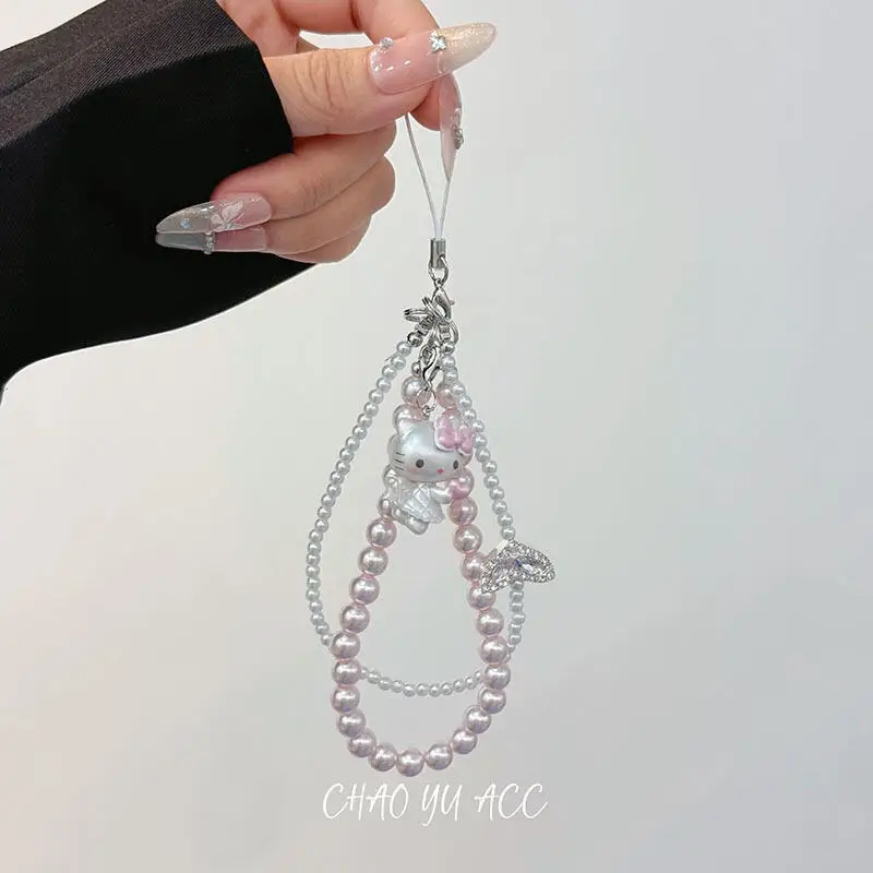 

Sanrio Hello Kittycartoon Sweet Pearl Double Layer Phone Chain Exquisite Keychain Bag Camera Pendant Decoration
