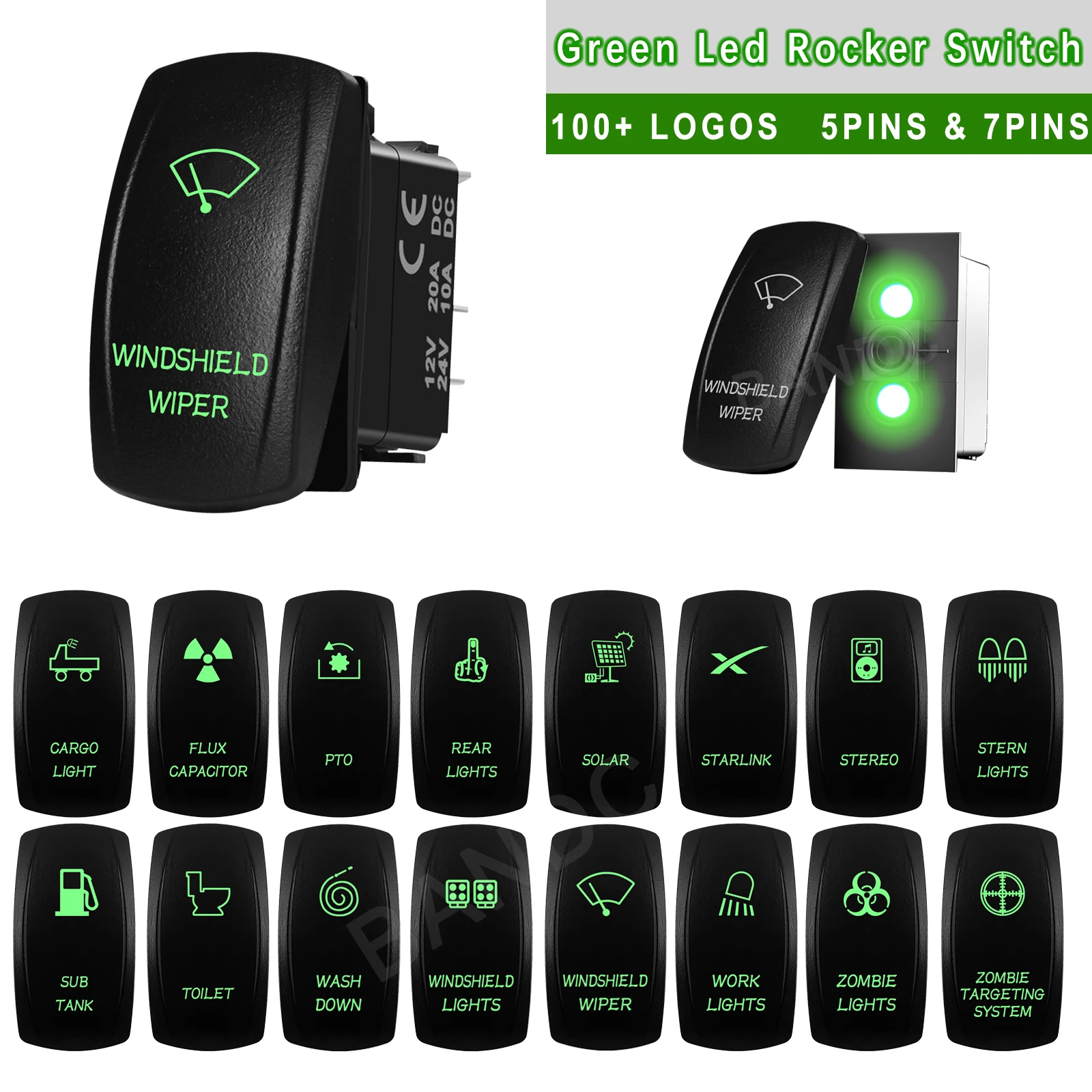 Green Illuminated Waterproof Rocker Switch | 12V/24V Latching & Momentary Button | Work Light Windshield Wiper for RV ATV Vessel