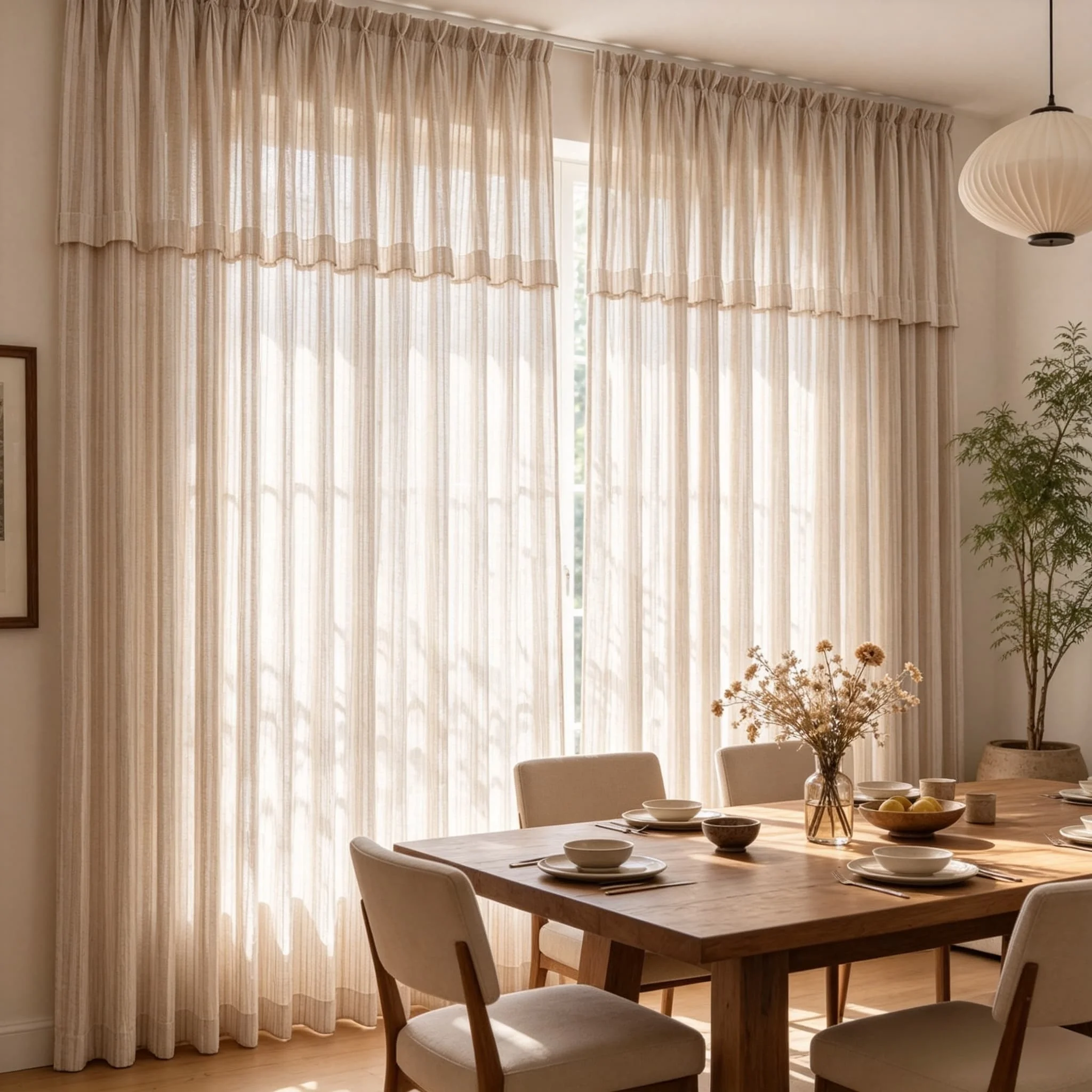 Japanese Linen Semi-Sheer Curtains Light Filtering Cream Beige Window Drapes With Valance Farmhouse for Living Room Bedroom